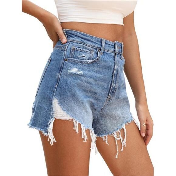 High-waisted Jeans Shorts: Frayed Raw Hem Ripped Summer Denim